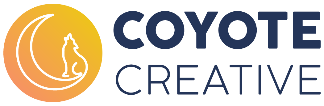 Coyote Creative Logo - (looks like a howling coyote with a tail that turns into a crescent moon, stamped onto a yellow-orange full moon, followed by the words "Coyote Creative")