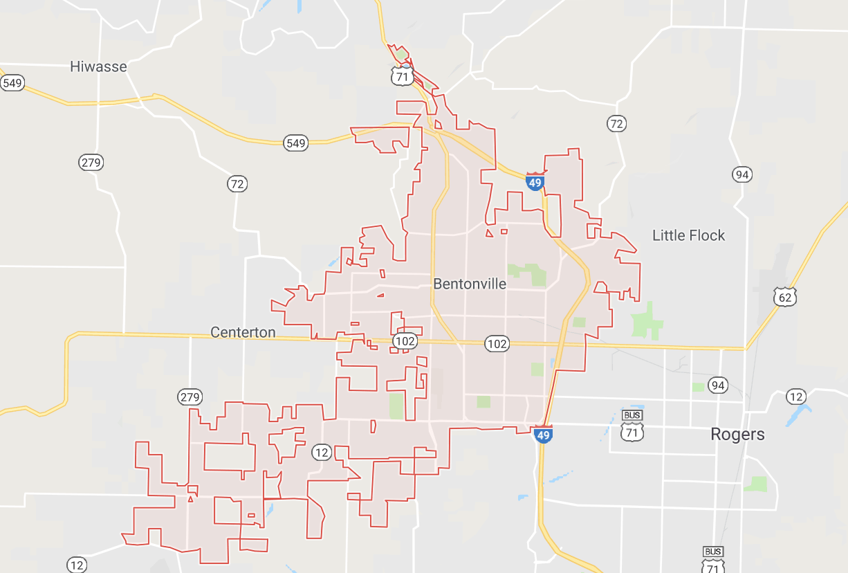 screenshot of Google Maps, showing Bentonville, Rogers, Centerton, Little Flock Arkansas