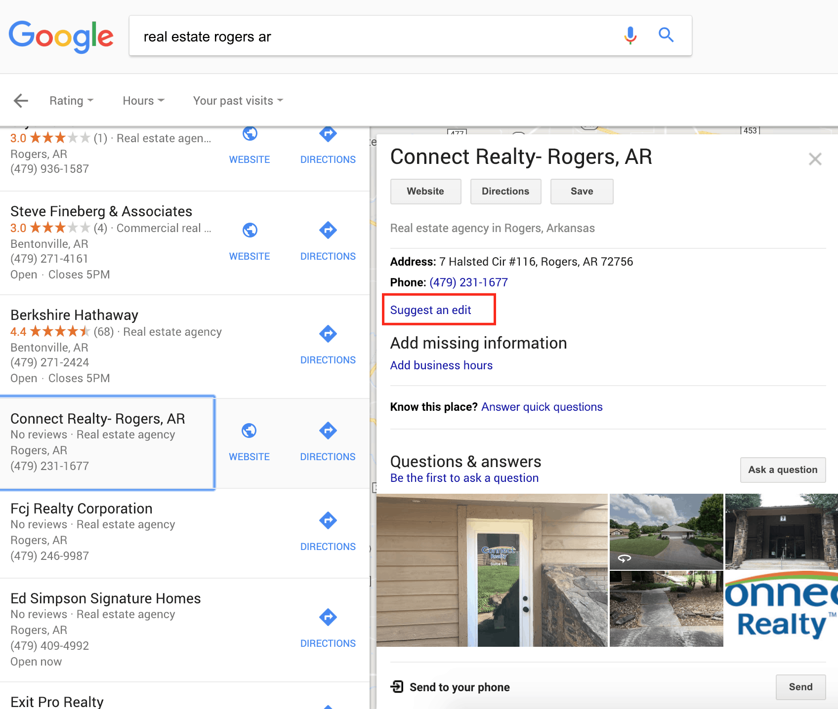 Screenshot of Google Search for the phrase "real estate rogers AR" with focus on the Google Business Profile listing titled "Connect Realty- Rogers, AR" and a red box around the link for "Suggest an edit"