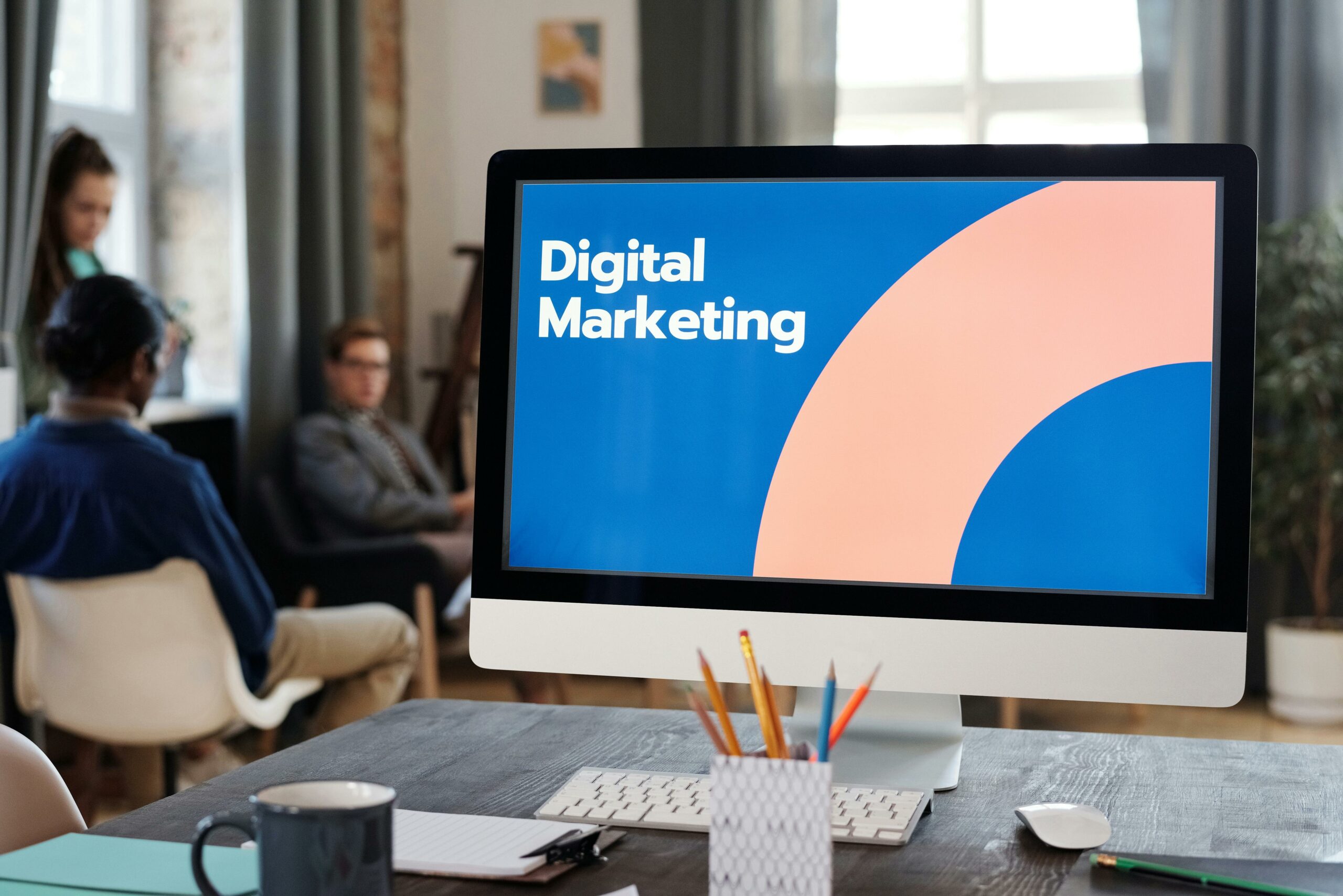 The words "digital marketing" on a computer monitor